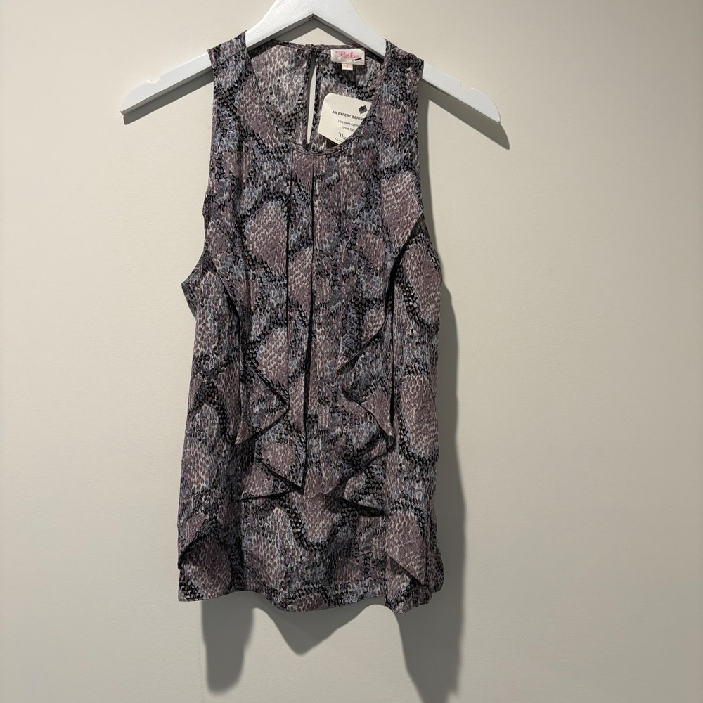 Parker Silk Snakeskin Print Sleeveless Ruffle Blouse Purple Grey Small
